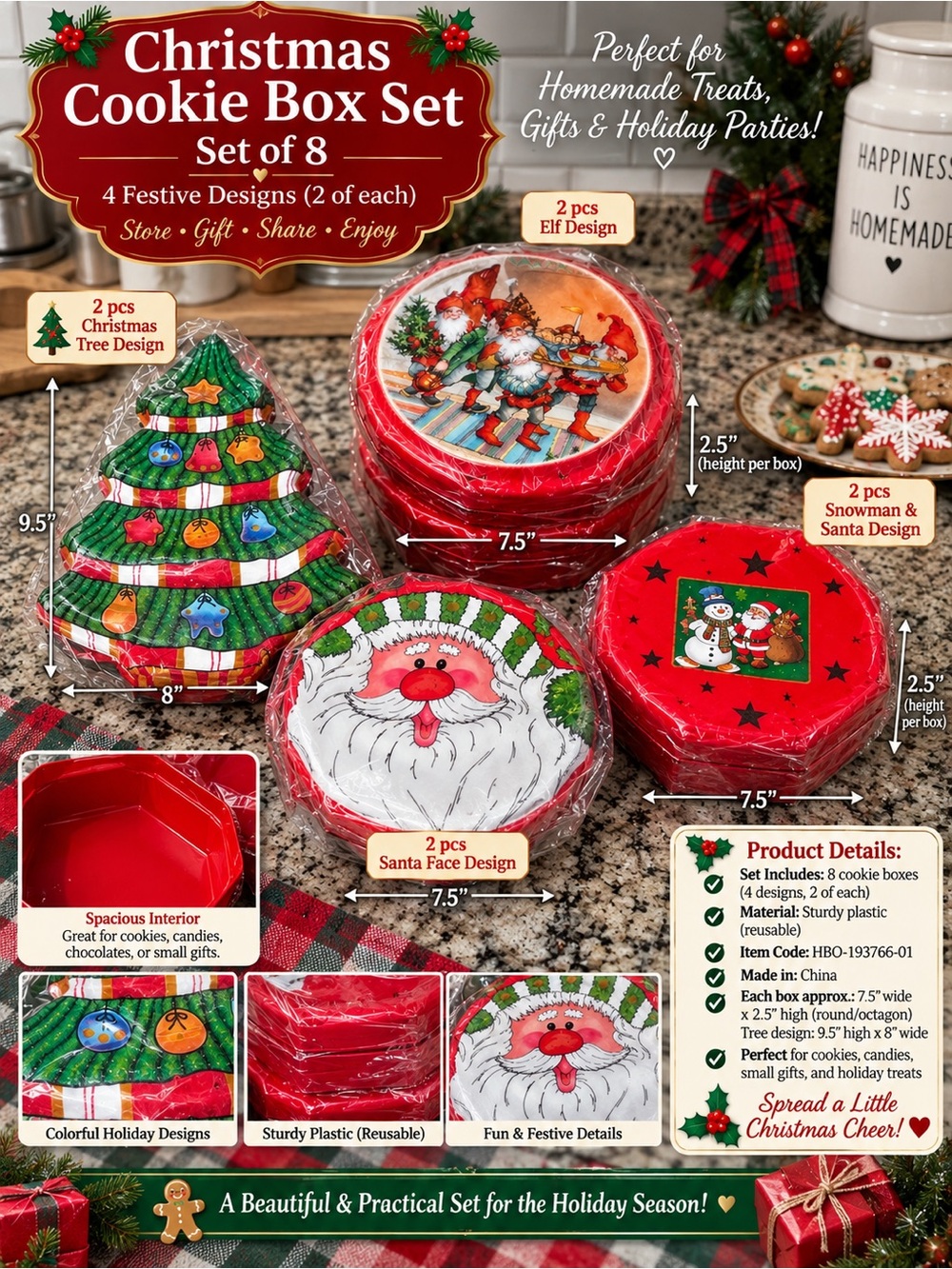 Christmas Cookie Box Set - Festive Red Holiday Designs (Set of 8)